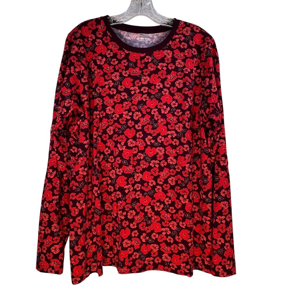 Lands End Womens Tall Large Red Floral Supima Cotton Relaxed Long Sleeve Tee